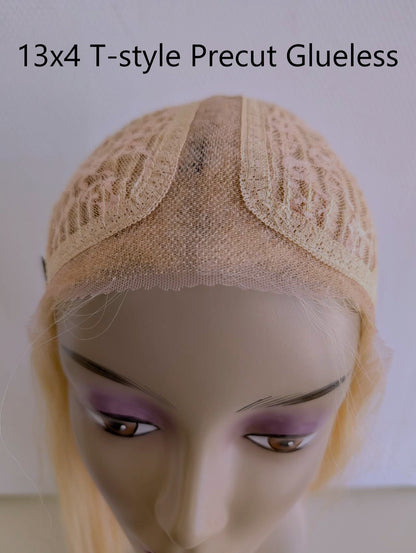 Pre cut Glueless Brazilian Hair Bob Wig Blonde 613 color,T-style swiss lace Frontal handtied