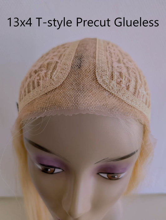 Pre cut Glueless Brazilian Hair Bob Wig Blonde 613 color,T-style swiss lace Frontal handtied
