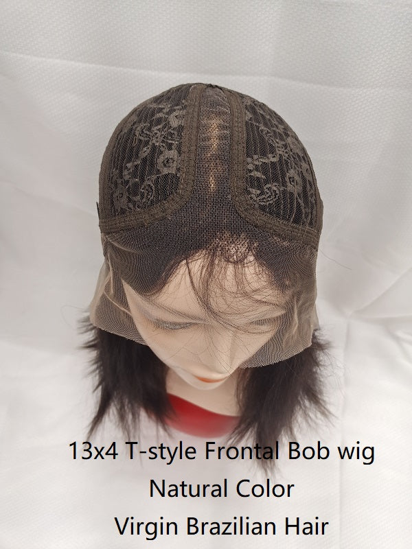 Precut Glueless Brazilian hair Bob Wig Natural black color, T-Style frontal lace handtied