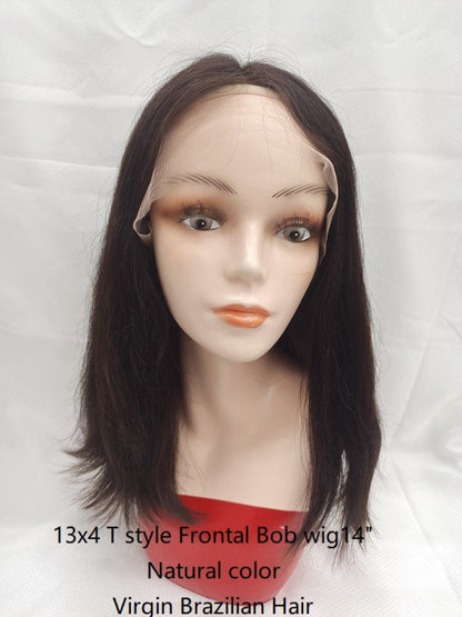 Precut Glueless Brazilian hair Bob Wig Natural black color, T-Style frontal lace handtied