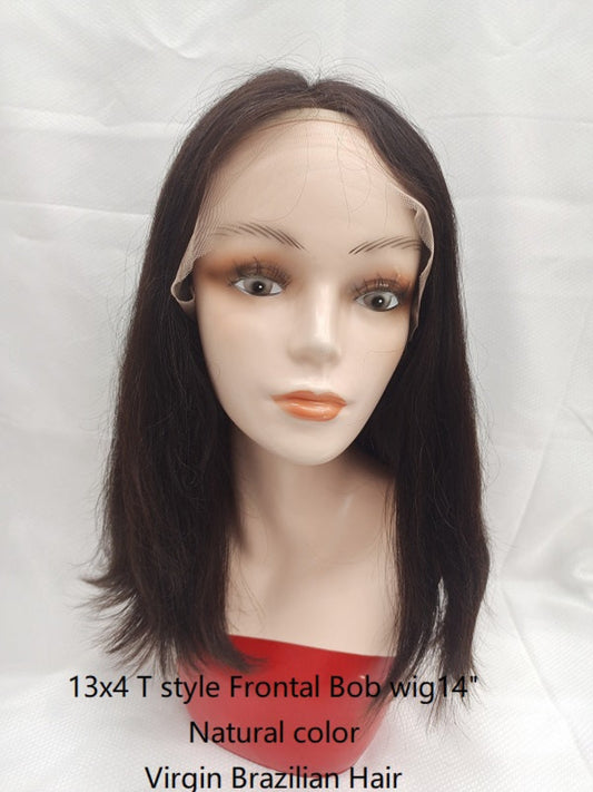 Precut Glueless Brazilian hair Bob Wig Natural black color, T-Style frontal lace handtied