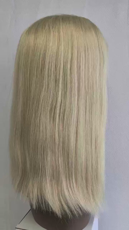Pre cut Glueless Brazilian Hair Bob Wig Blonde 613 color,T-style swiss lace Frontal handtied
